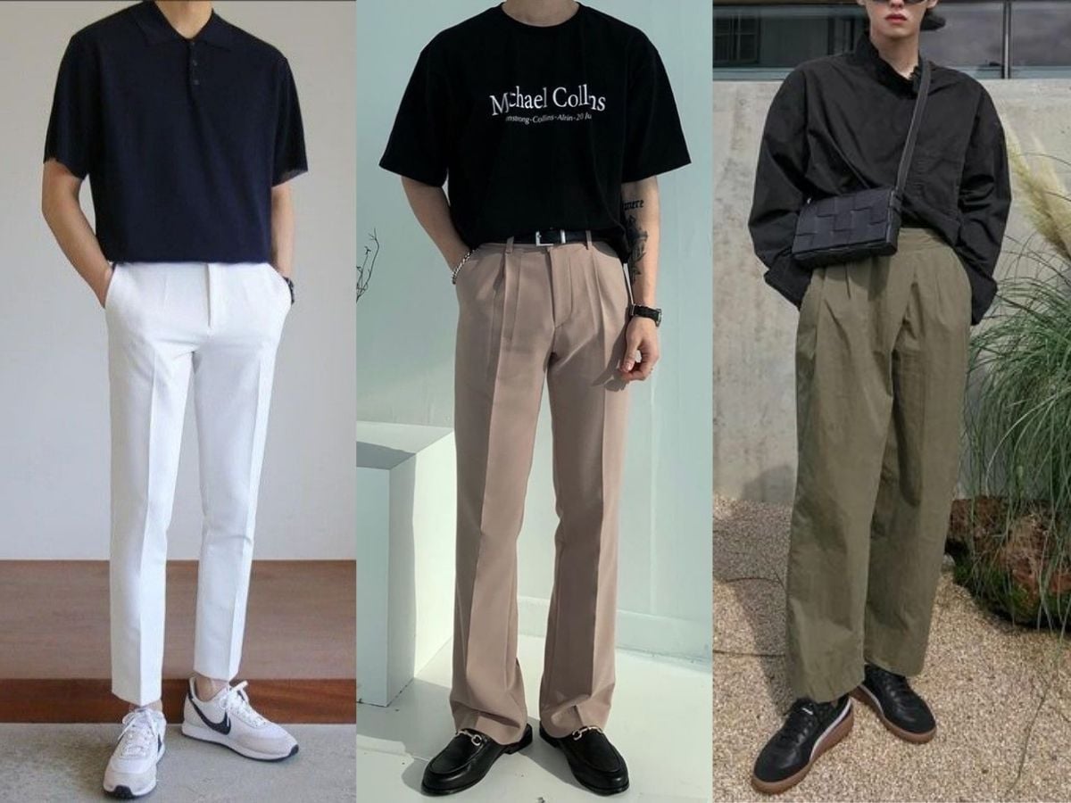 Áo đen phối quần màu be
