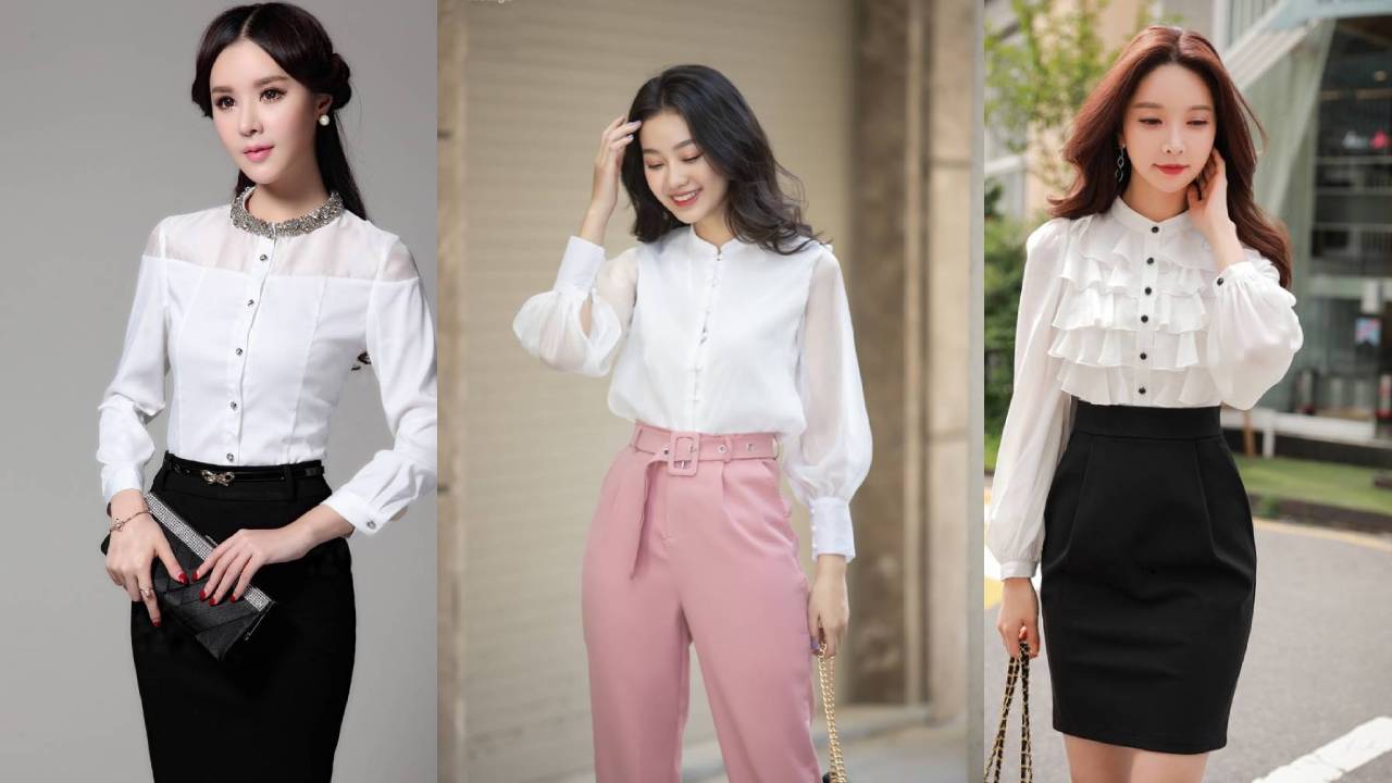 Mẫu áo sơ mi nữ cổ trụ đẹp thanh lịch
