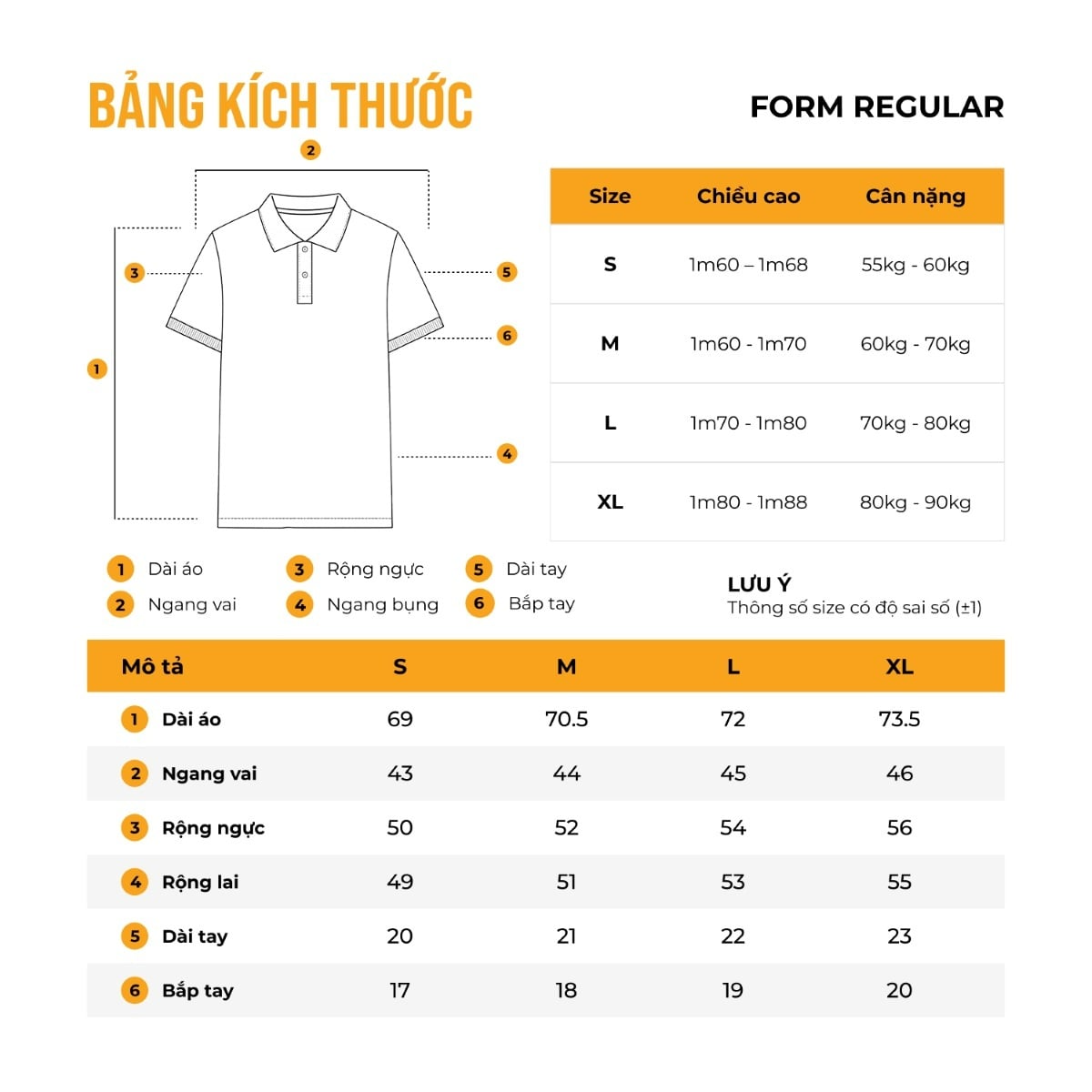 bảng size áo polo nam