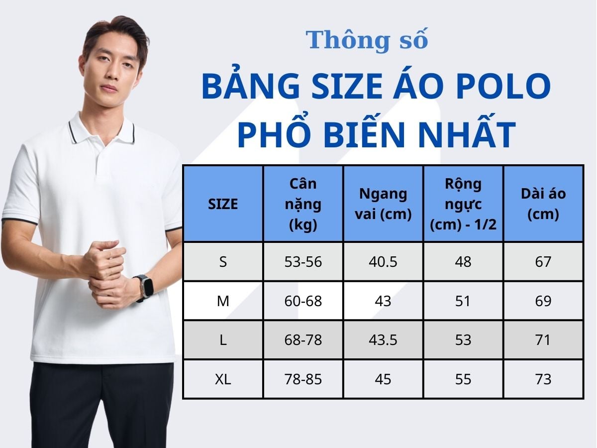 size áo polo nam phổ biến