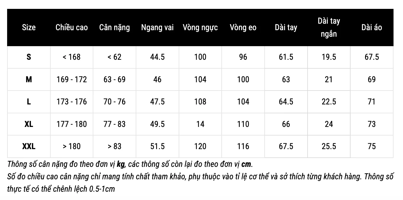 Size áo thun nam form fitted