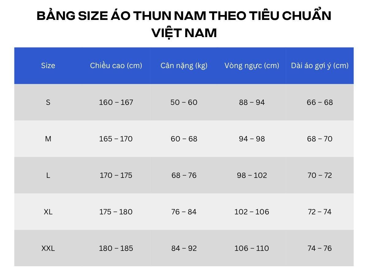 Bảng size áo thun nam