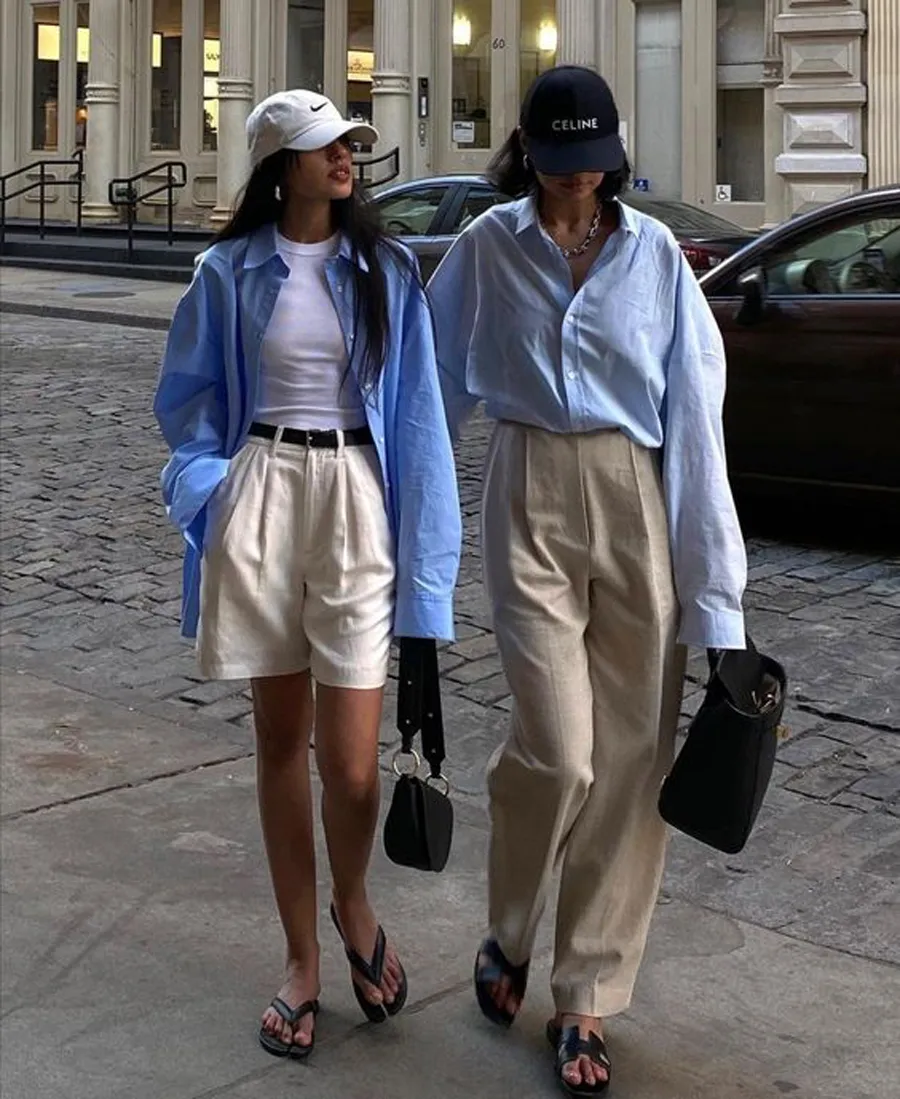 Sơ mi xanh mặc với chân váy chữ A