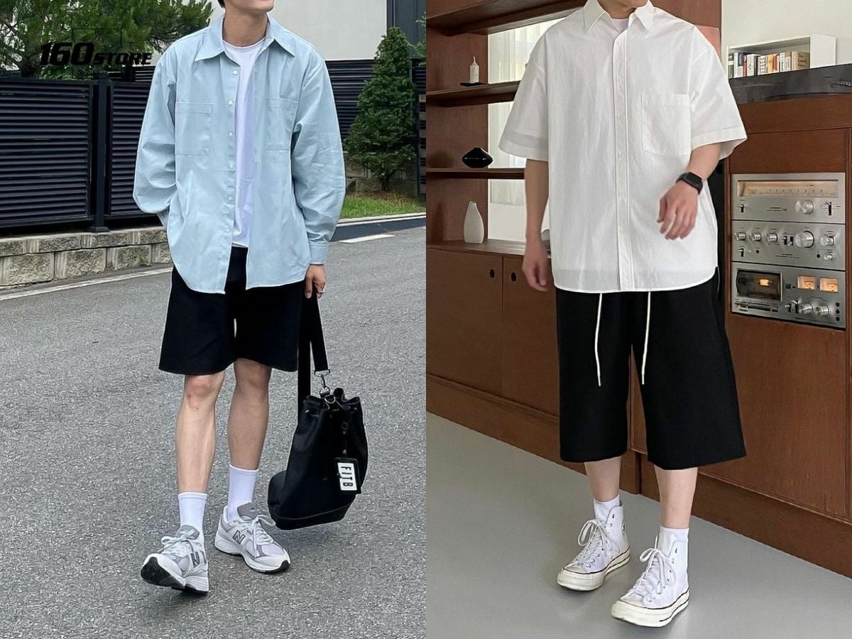 15+ cách phối đồ với áo sơ mi form rộng nam cực sành điệu 4 Áo sơ mi form rộng mặc với quần short