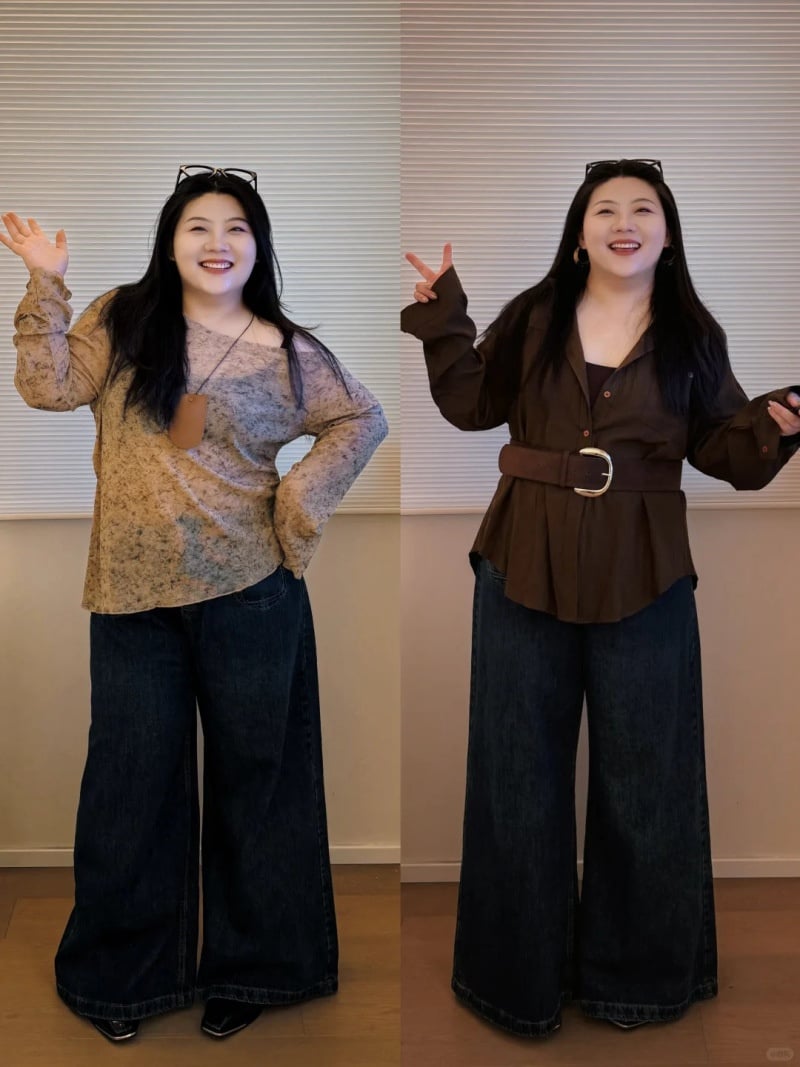 mix đồ với quần ống rộng cho người béo