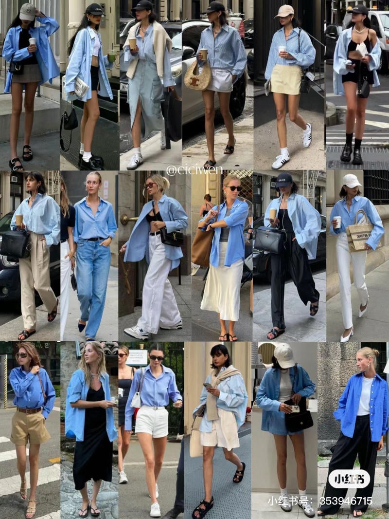 Outfit với áo sơ mi xanh nữ và chân váy họa tiết