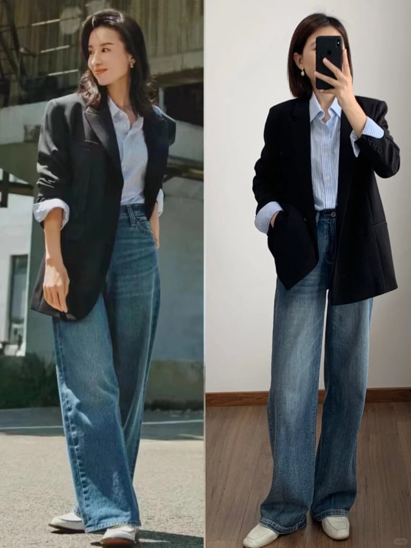 Phối áo blazer với quần ống rộng mùa đông
