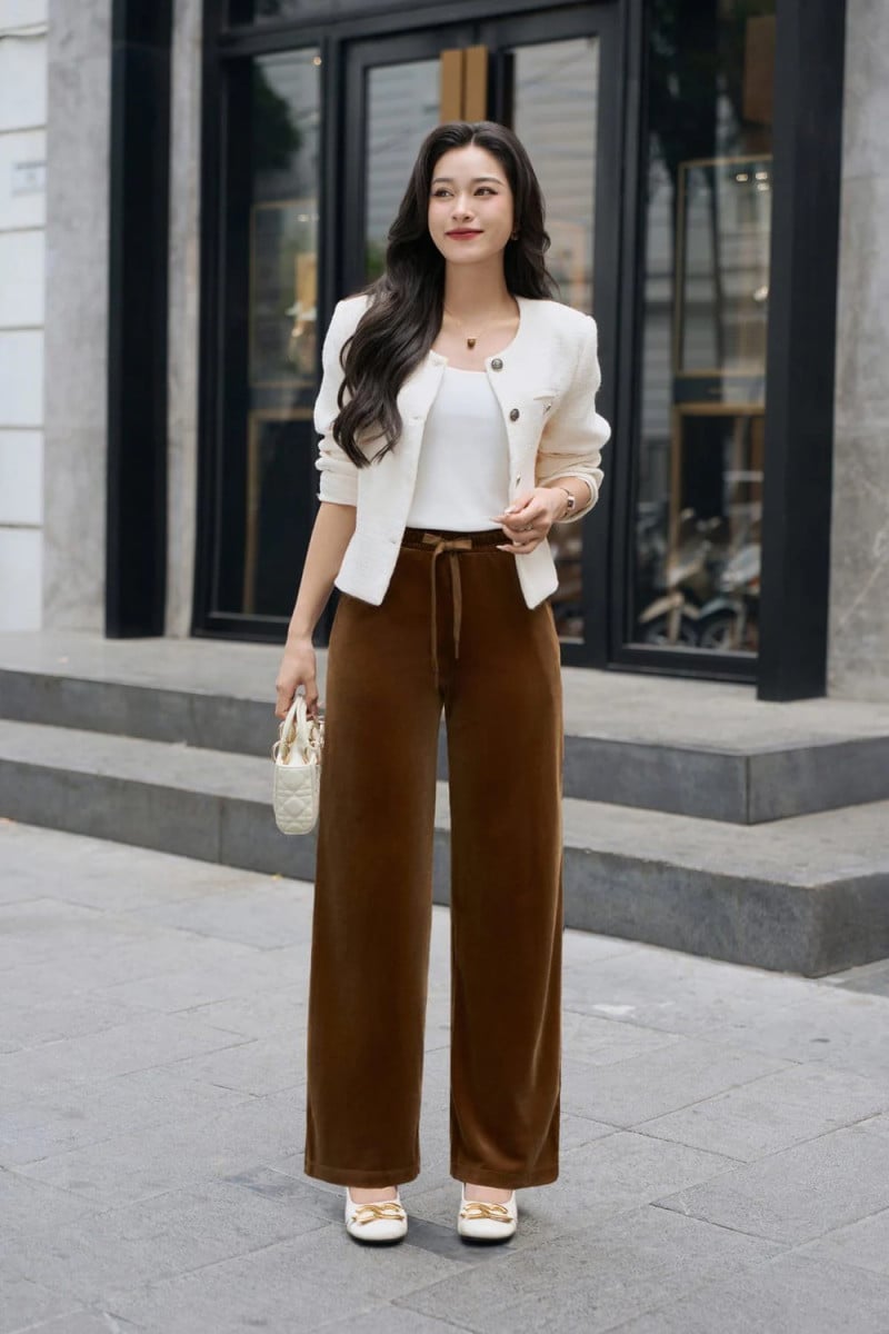 phối đồ đi đám cưới với quần ống rộng