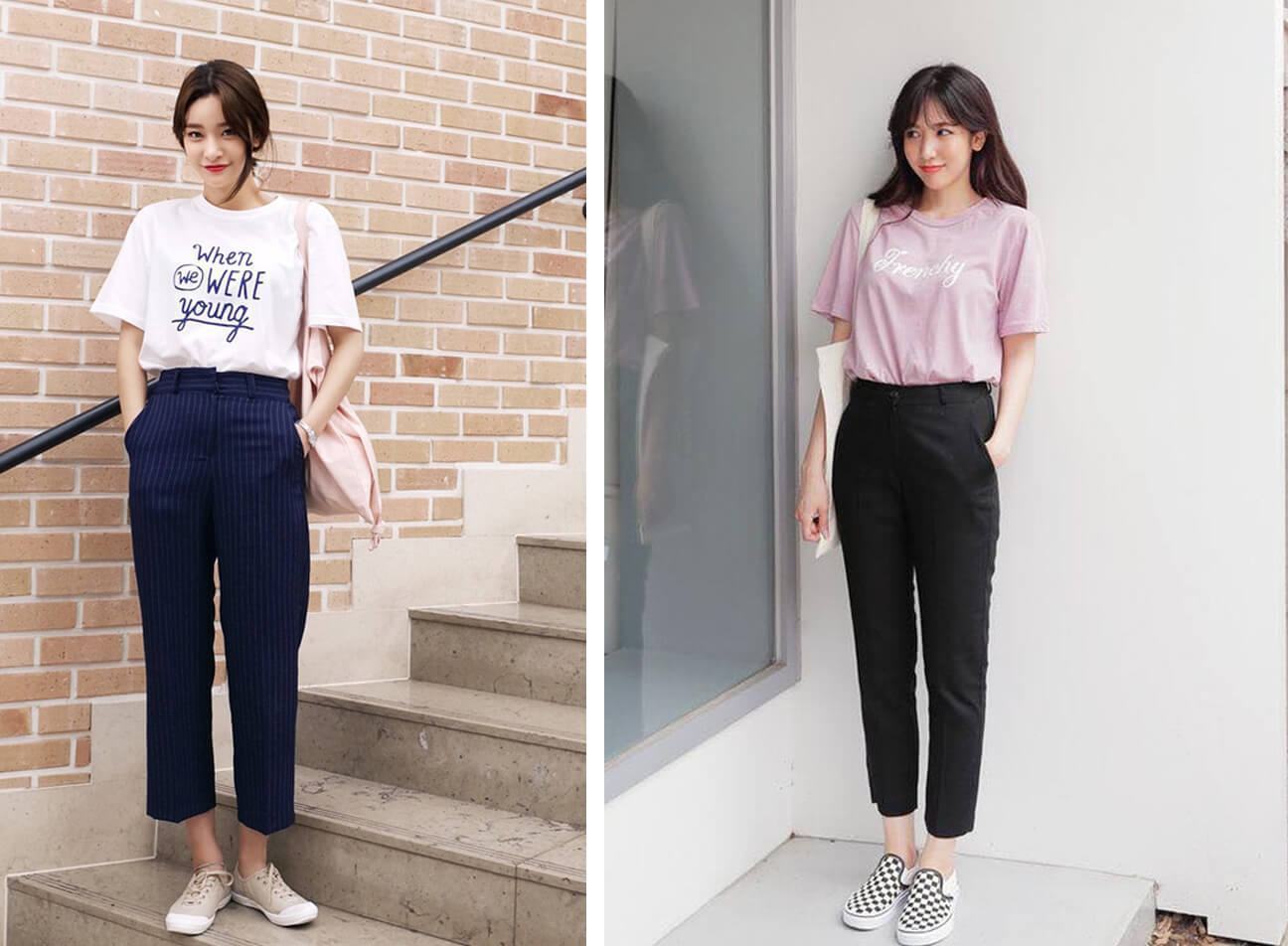 Quần tây phối giày thể thao nữ